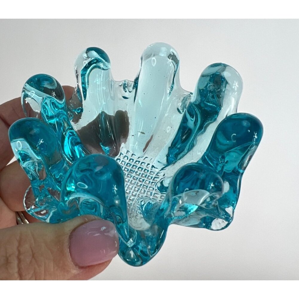 Swung Glass Bowl Aqua Blue Nesting Hand Blown Graduated 8 Finger
